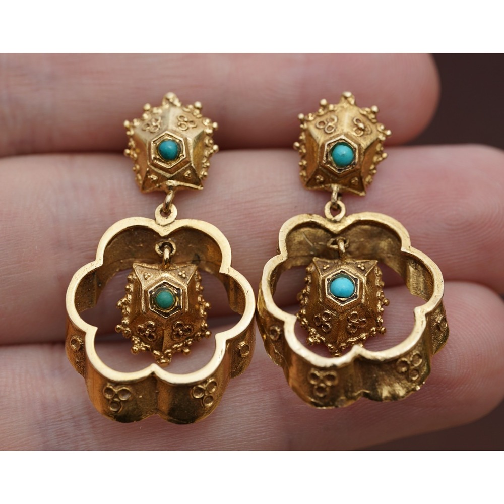 Victorian Antique 14k Solid Gold Etruscan Revival Turquoise Dangle Earrings 8.4g